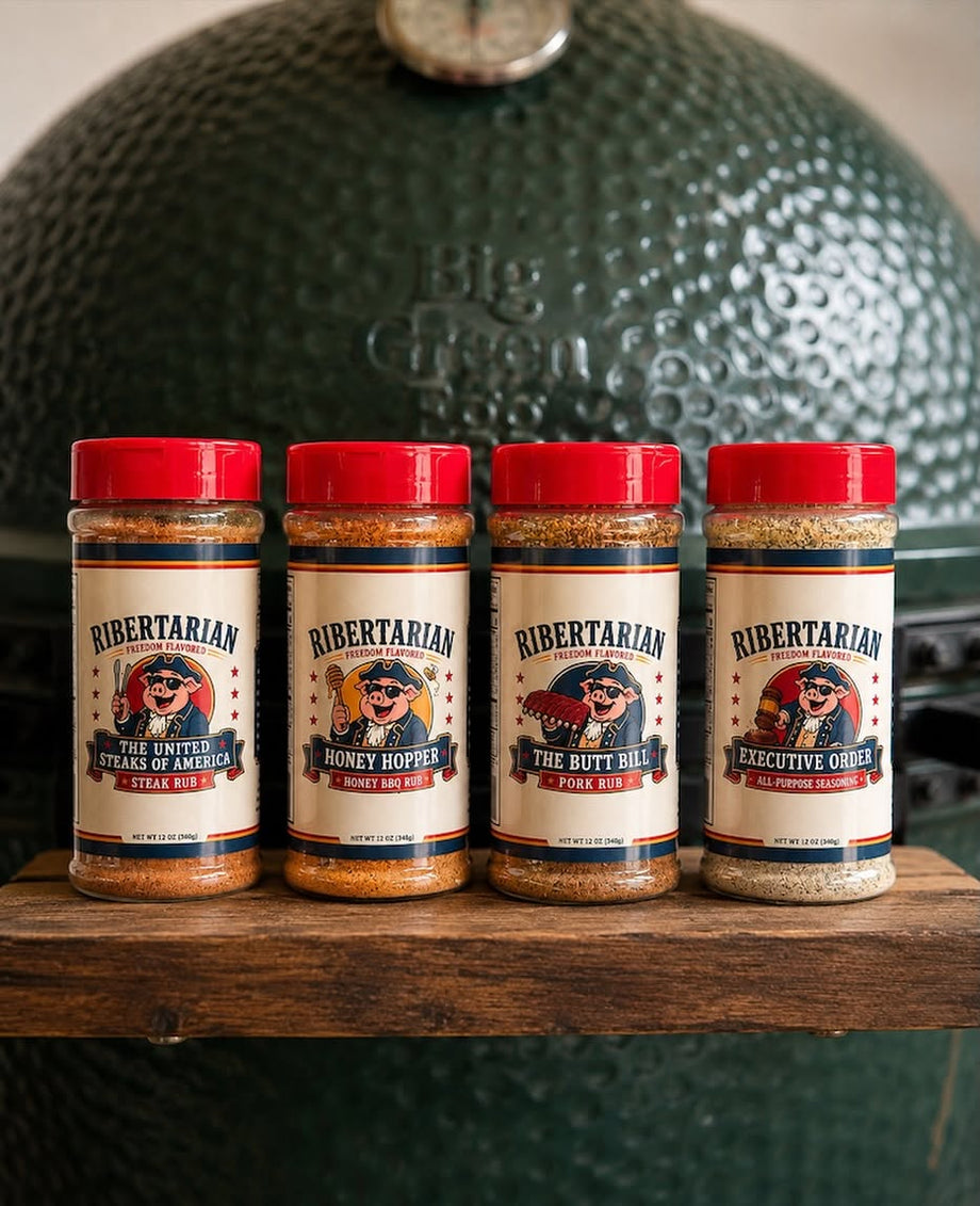 Four Ribertarian rubs on the Green Egg — The Founding Bundle
